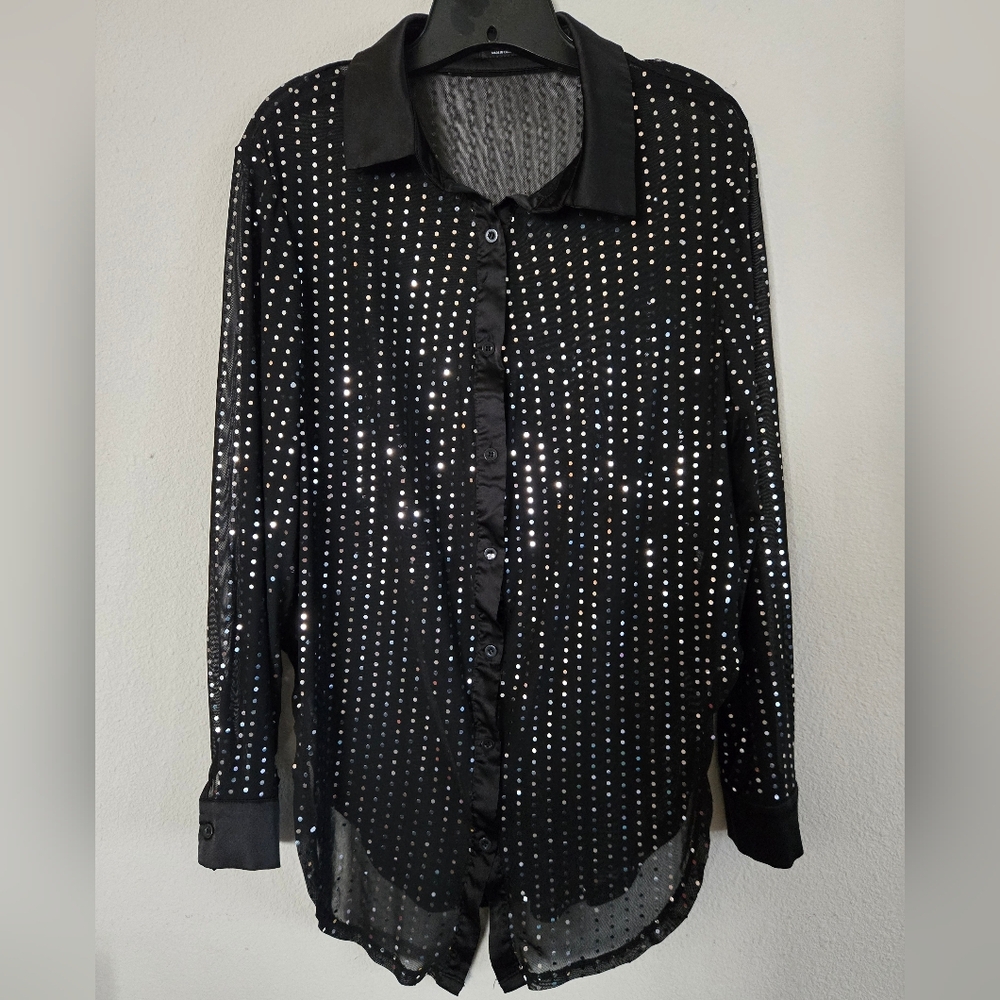 Black Sheer Button-Up Shirt with Silver Studs
